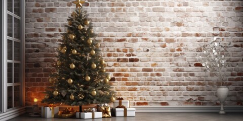 Chic indoor decor with a stunning festive tree by a pale brick backdrop.