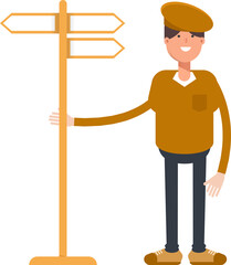 Boy with Cap Character and Signpost
