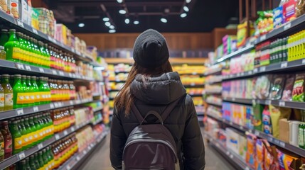Fototapeta premium Back view of woman tourist with backpack in front of a window store full of drinks bottles choosing one to buy food and drink. Concept of travel solo female people.