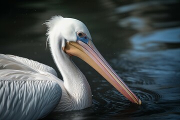 Fototapeta na wymiar Pelican white bird on water closeup. Natural aquatic delta lake fauna. Generate ai