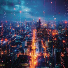 A stunning digital painting of a futuristic cityscape at night with glowing red particles falling from the sky