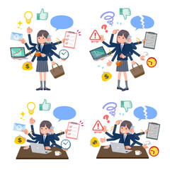 オフィスでマルチタスクをこなす紺ブレザー女子学生のセット