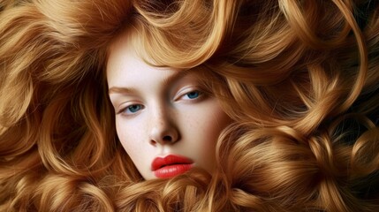 Young woman with luxuriant hair in fashion editorial style. Hair blowing in the wind. Trendy hair style