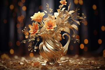 Elegant gold vase filled with beautiful orange flowers