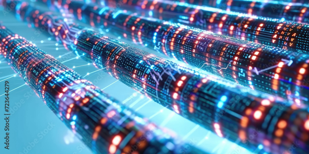 Leinwandbilder 3d rendering of abstract wire cable tunnel with digital binary data transmitting.glowing data cables