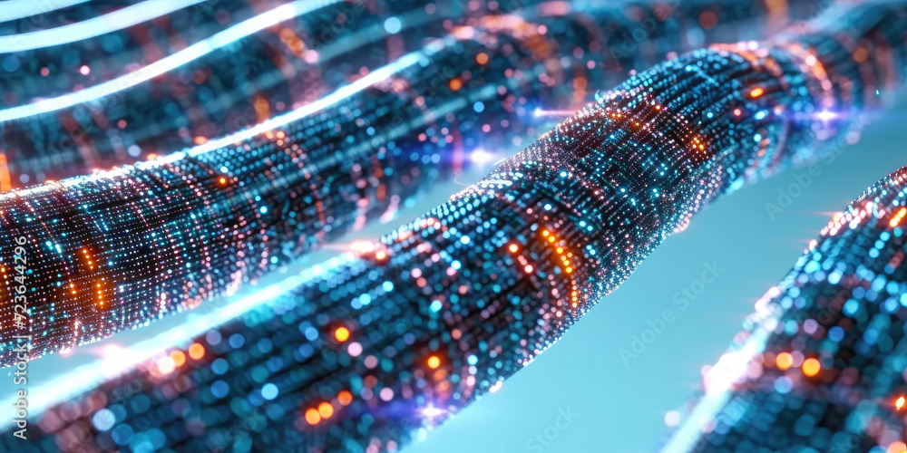 Aufkleber 3d rendering of abstract wire cable tunnel with digital binary data transmitting.glowing data cables