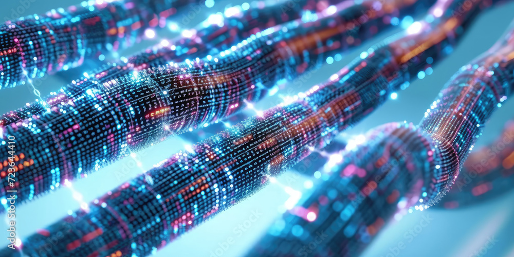 Fototapete 3d rendering of abstract wire cable tunnel with digital binary data transmitting.glowing data cables
