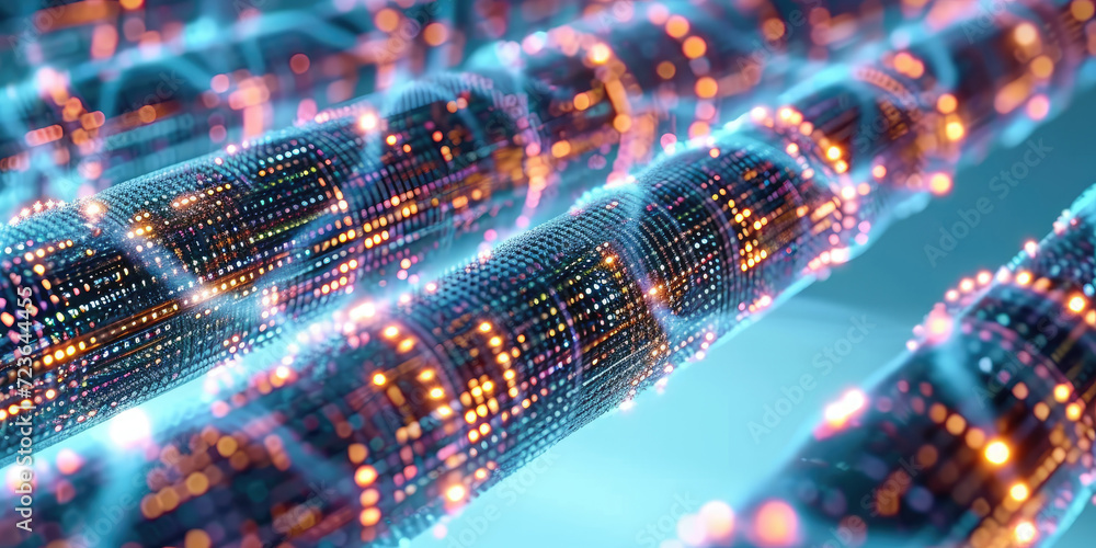 Leinwandbilder 3d rendering of abstract wire cable tunnel with digital binary data transmitting.glowing data cables