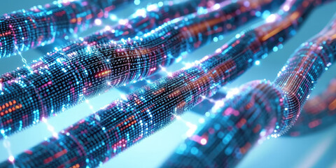 
3D Rendering of abstract wire cable tunnel with digital binary data transmitting.Glowing data cables transferring information. 
futuristic, Technology, machine learning, big data, virtualization