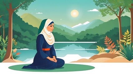Muslim woman praying in the morning near lake 