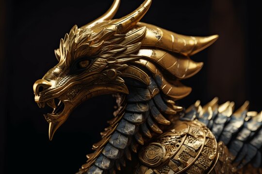 Golden divine dragon architecture. Cultural historical religious gilded serpent. Generate ai