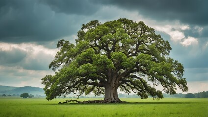 Fototapeta na wymiar Old oak tree in a vibrant, green pasture, cloudy day. generative AI