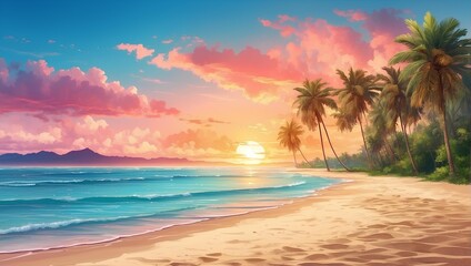 Fototapeta na wymiar Sandy beach with tropical palm trees, sunset view. generative AI