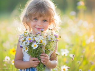 Portrait of a little girl with wildflowers in the meadow