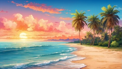 Fototapeta na wymiar Sandy beach with tropical palm trees, sunset view. generative AI
