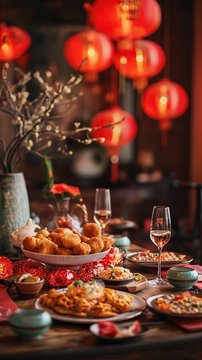 Celebrating chinese new year dining and various Chinese dishes with  blur background and bokeh image