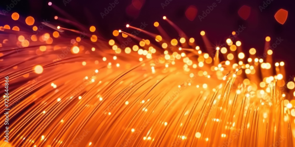 Poster 3d rendering of abstract wire cable tunnel with digital binary data transmitting.orange glowing data