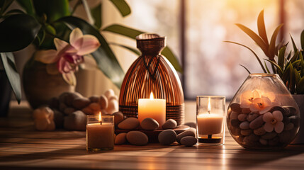 Spa, aromatherapy and candles on table for zen, calm and peace to relax for health and wellness.