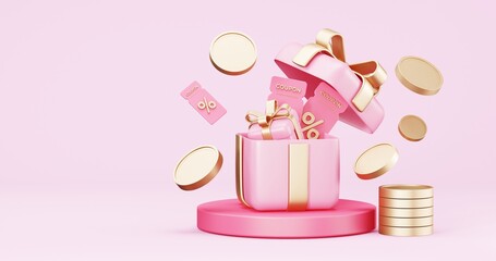 Valentine's Day Sale , online shopping , promotion sale with gifts and bag shopping on minimal pink gold background , product display and Heart. web poster, flyer , 3d rendering