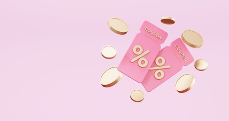 Valentine's Day Sale , online shopping , promotion sale with gifts and bag shopping on minimal pink gold background , product display and Heart. web poster, flyer , 3d rendering