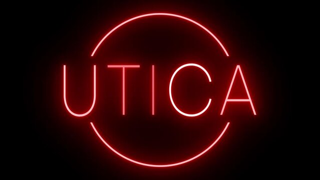 Flickering red retro style neon sign glowing against a black background for UTICA