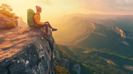 Rolgordijnen Girl sitting on the top of mounting and enjoying yellow sunrise above sea. Hiking woman in khaki jacket relaxing on the cliff looking at a beautiful sunlit landscape. Green valley in sunlight © PaulShlykov