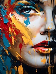 abstract graffiti of a beautiful woman's face on the wall, in the style of Cara Delevingne, handmade, smudges of gold paint, bright colors, a lot of splashes of paint 