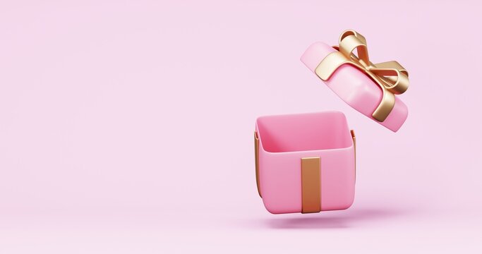 Valentine's Day Sale , online shopping , promotion sale with gifts and bag shopping on minimal pink gold background , product display and Heart. web poster, flyer , 3d rendering