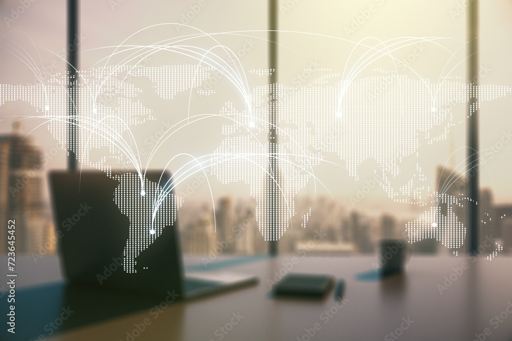 Poster double exposure of abstract digital world map with connections and modern desktop with laptop on bac