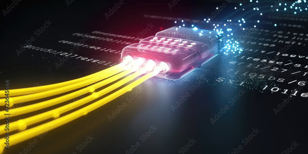Fototapete 3d rendering of abstract wire cable tunnel with digital binary data transmitting.glowing data cables