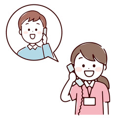 女性スタッフと電話している男性