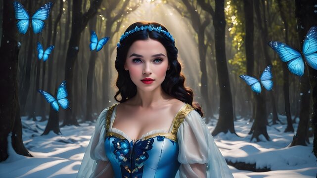 fantasy woman in the forest with glowing butterfly blue theme ,butterflies Glowing in the Dark Girl Image 