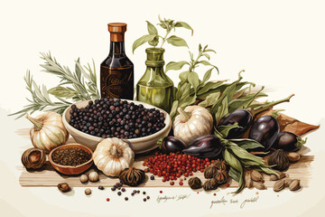 Kitchen herbs and spices set. Olive oil, rosemary, garlic, chili pepper, bay leaf, peppercorns, mortar and mill.