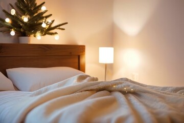 Cozy modern bedroom with illuminated white bed with a white pillow sign and lights decoration 