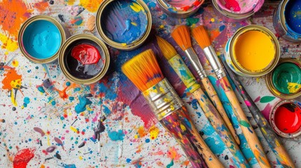 A variety of colors and paintbrushes on a white surface