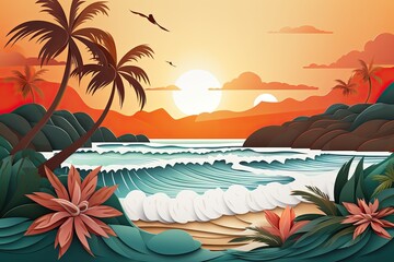 Fototapeta na wymiar Tropical Sunset with Palm Trees and Surf