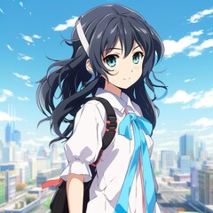 cute anime character with the beautiful city view 