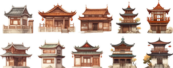 Fototapeta premium Set of ancient Chinese style houses on a white background.