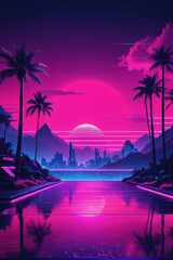 Obraz premium Illustration of synthwave retro cyberpunk style landscape background banner or wallpaper. Bright neon pink and purple colors