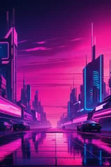 Fotobehang Illustration of synthwave retro cyberpunk style landscape background banner or wallpaper. Bright neon pink and purple colors © Giuseppe Cammino