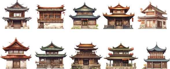 Obraz premium Set of ancient Chinese style houses on a white background.