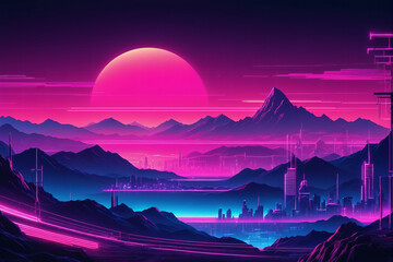 Illustration of synthwave retro cyberpunk style landscape background banner or wallpaper. Bright neon pink and purple colors