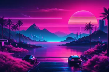 Gartenposter Rosa Illustration of synthwave retro cyberpunk style landscape background banner or wallpaper. Bright neon pink and purple colors