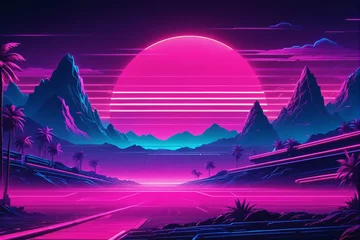 Poster Illustration of synthwave retro cyberpunk style landscape background banner or wallpaper. Bright neon pink and purple colors © Giuseppe Cammino