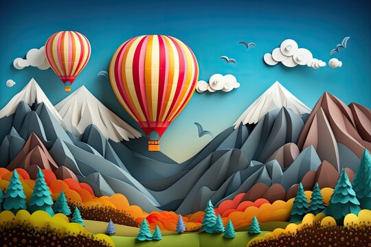 Fantastical Landscape with Two Big Balloons and Mountains
