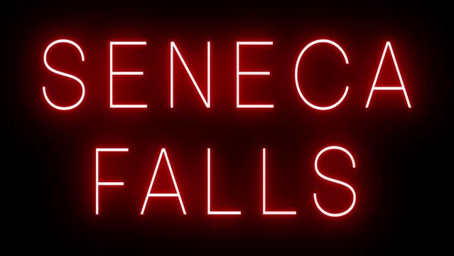 Flickering red retro style neon sign glowing against a black background for SENECA FALLS