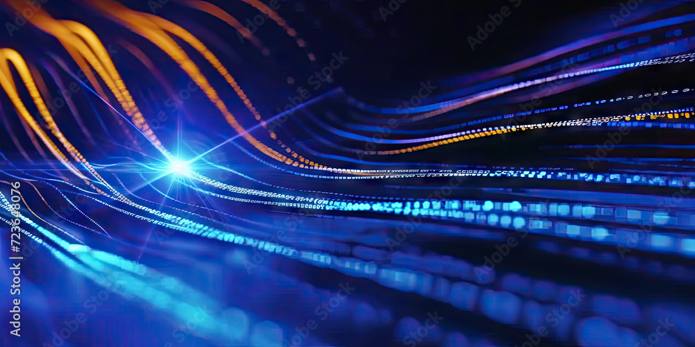 Fototapete 3d rendering of abstract wire cable tunnel with digital binary data transmitting.glowing data cables