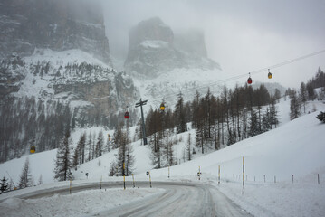 Bad winter weather in mountains, winter road