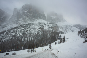 Bad winter weather in mountains, winter road