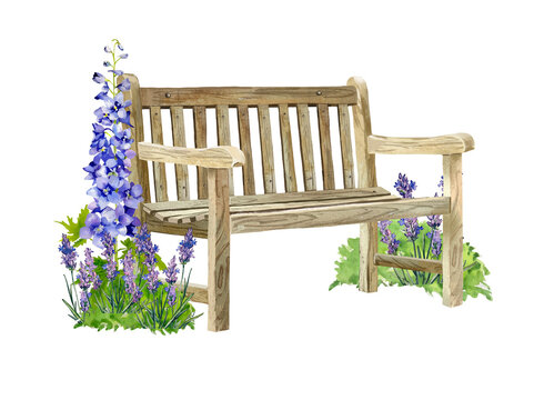 Garden wooden vintage bench, garden flowers, landscape design and decor